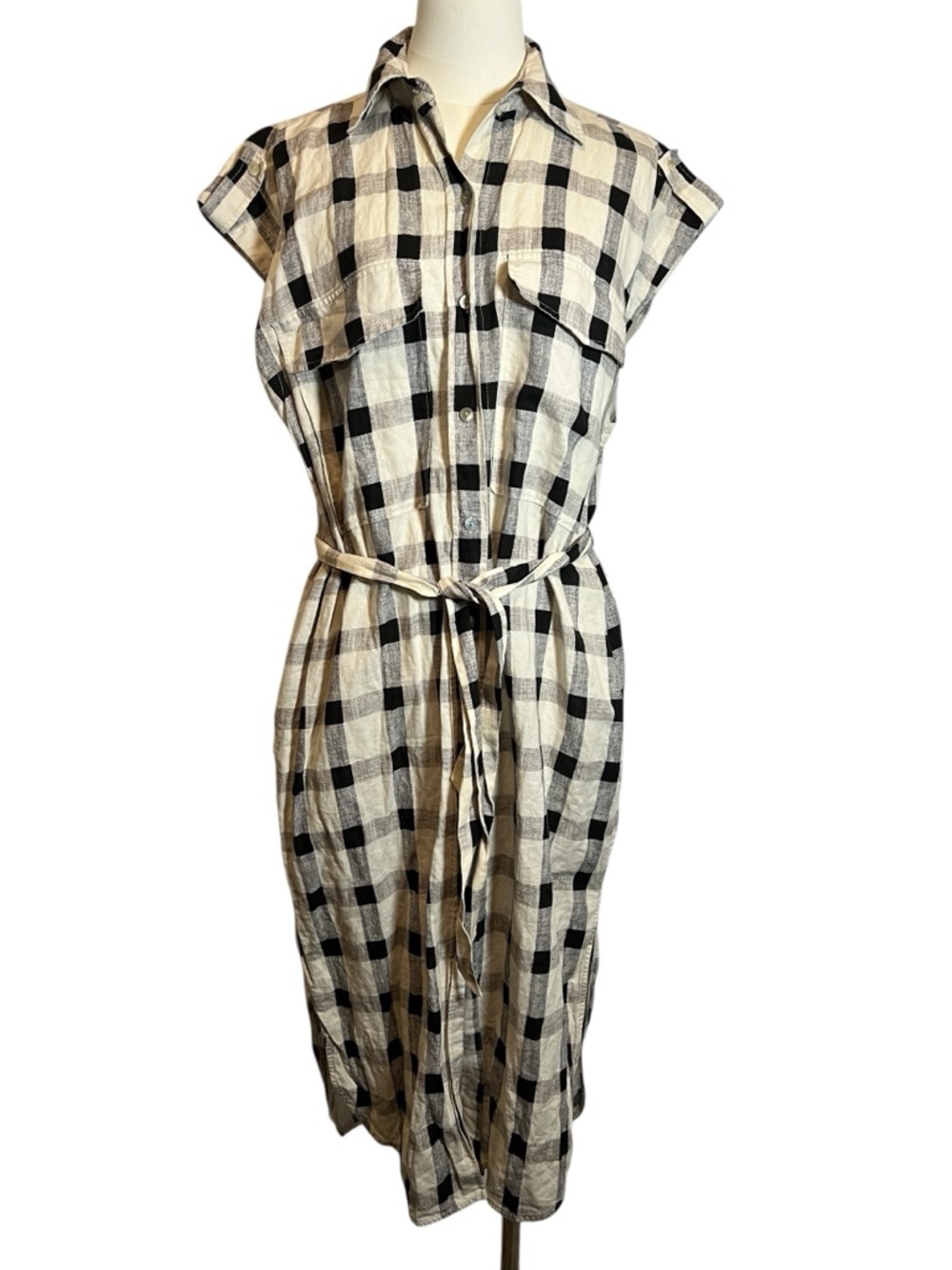 Massimo Dutti Maxi Shirt Dress Black Linen & Cotton Blend Buffalo Check Sz 8